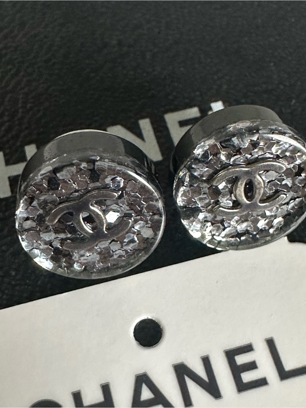 CHANEL 12A Silver Glitter Resin CC Stud Earrings Box